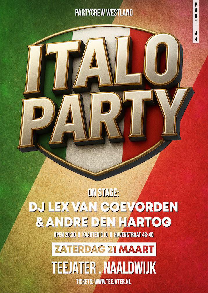 Read more about the article Saturday 21 March Italo Party in the Teejater in Naaldwijk